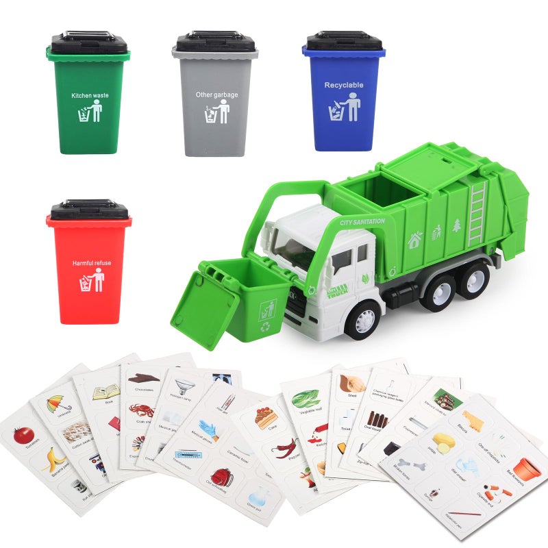 FIVEDAOGANG Small Friction Powered Garbage Truck Toys Set Includes Front Load Dumpster 4 Trash Bins and Trash Learning Cards for Kids - Image 3