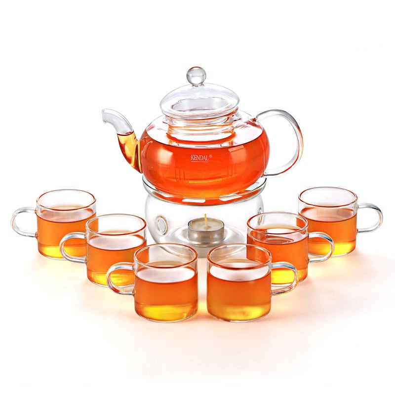 Kendal 27 oz Glass Filtering Tea Maker Teapot with a Warmer and 6 Tea Cups 435 oz cup with a handle 