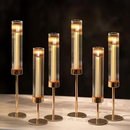 NUPTIO Hurricane Candle Holder for Centerpiece Set of 6 Tall Candle Stick Holder with Ribbed Glass Cover Bulk Fluted Taper Candlestick Decor for Living Room Thanksgiving Christmas - Image 1