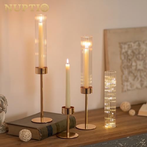 NUPTIO Hurricane Candle Holder for Centerpiece Set of 6 Tall Candle Stick Holder with Ribbed Glass Cover Bulk Fluted Taper Candlestick Decor for Living Room Thanksgiving Christmas - Image 3