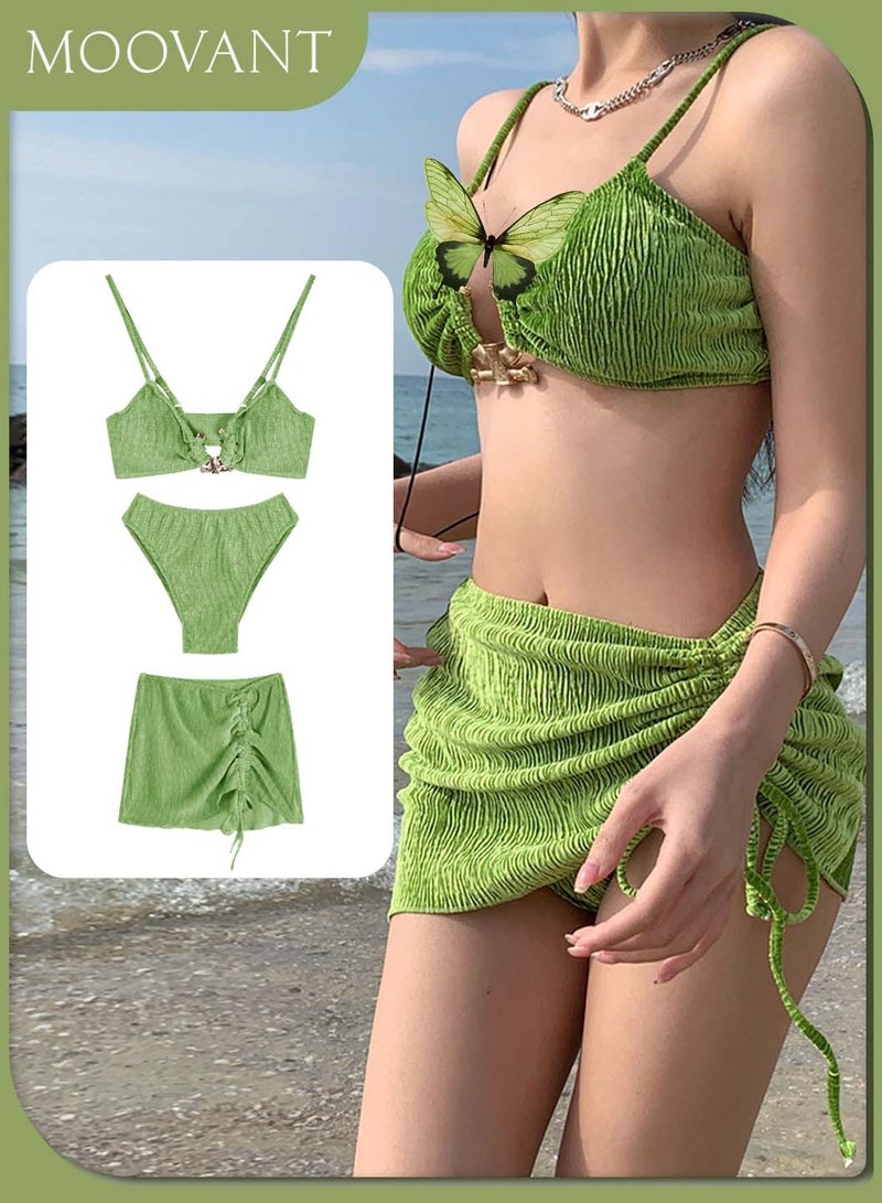 Moovant 3 Pieces Bikini Set, Women's Halter Swimsuit Beach Skirt Set, Underwire Textured Mental Linked Push Up Design, Ladies Sling Beachwear, Swimwear, Green  - Image 1