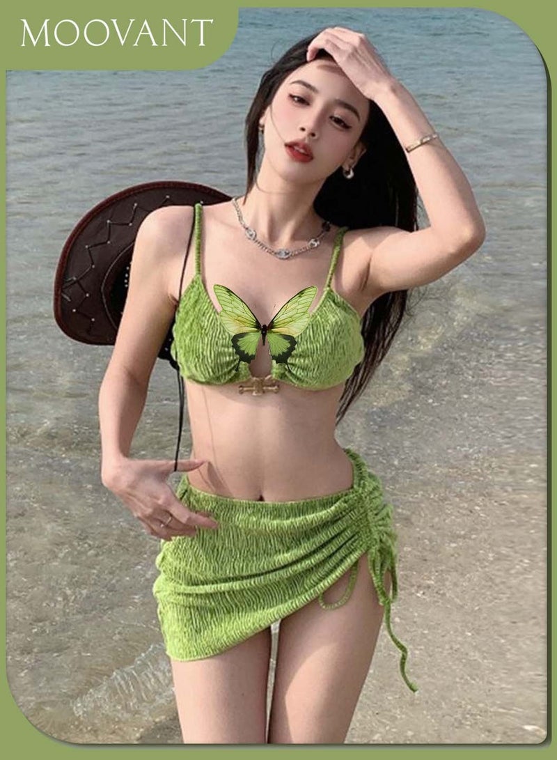Moovant 3 Pieces Bikini Set, Women's Halter Swimsuit Beach Skirt Set, Underwire Textured Mental Linked Push Up Design, Ladies Sling Beachwear, Swimwear, Green  - Image 2