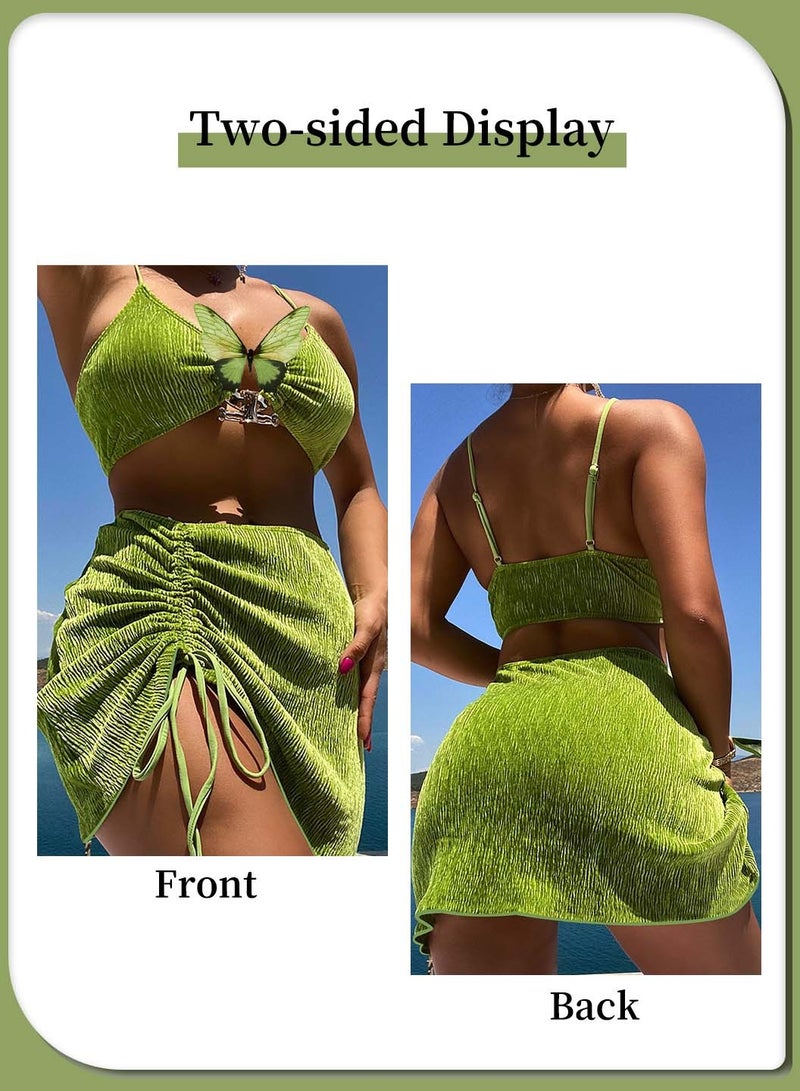 Moovant 3 Pieces Bikini Set, Women's Halter Swimsuit Beach Skirt Set, Underwire Textured Mental Linked Push Up Design, Ladies Sling Beachwear, Swimwear, Green  - Image 5