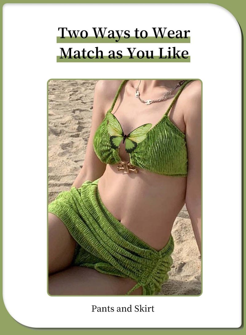Moovant 3 Pieces Bikini Set, Women's Halter Swimsuit Beach Skirt Set, Underwire Textured Mental Linked Push Up Design, Ladies Sling Beachwear, Swimwear, Green  - Image 3