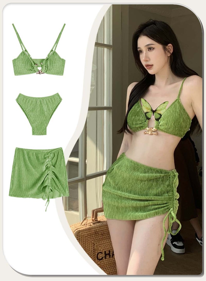Moovant 3 Pieces Bikini Set, Women's Halter Swimsuit Beach Skirt Set, Underwire Textured Mental Linked Push Up Design, Ladies Sling Beachwear, Swimwear, Green  - Image 4