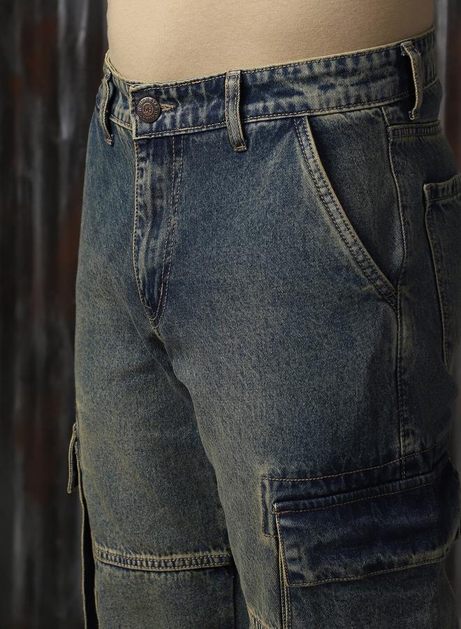 HIGH STAR Men'S Indigo 100% Cotton Washed Regular Length Cargo Straight Fit Jeans - Image 5