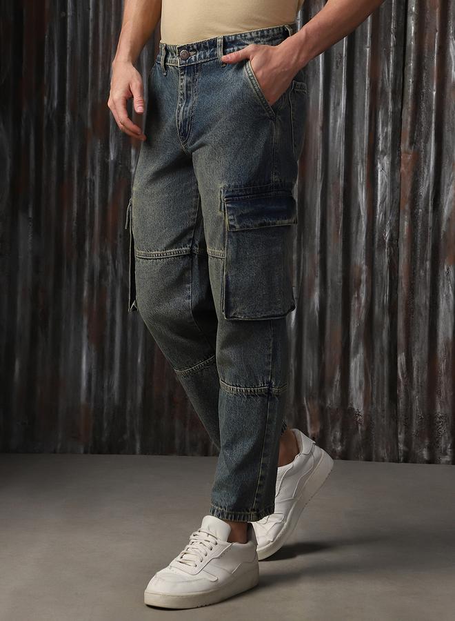 HIGH STAR Men'S Indigo 100% Cotton Washed Regular Length Cargo Straight Fit Jeans - Image 3