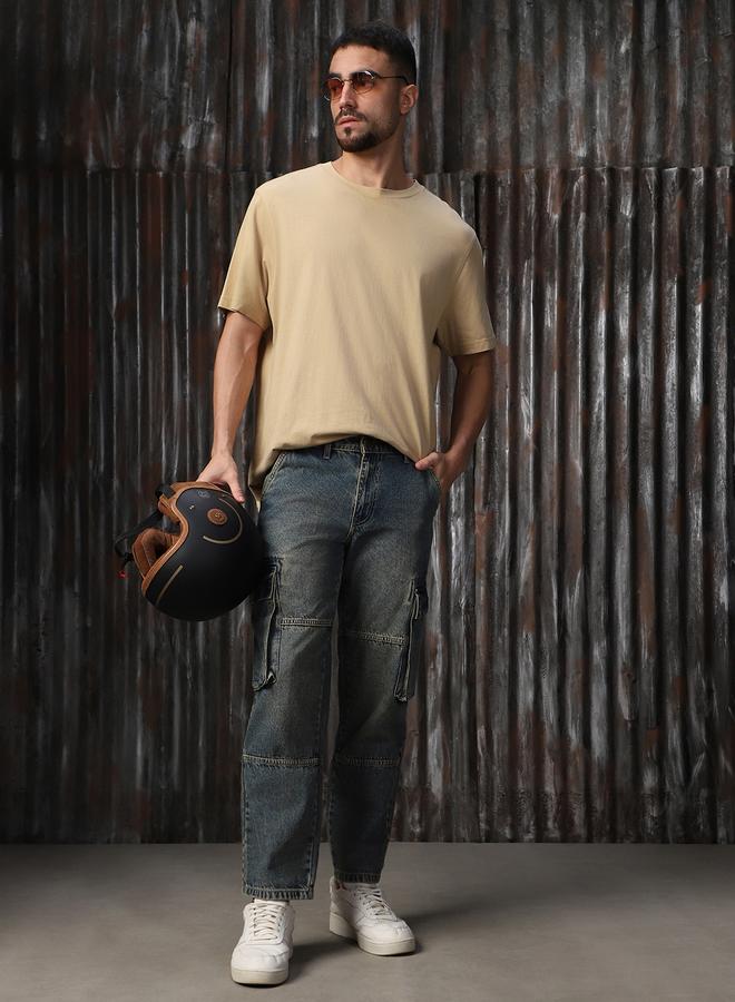 HIGH STAR Men'S Indigo 100% Cotton Washed Regular Length Cargo Straight Fit Jeans - Image 2