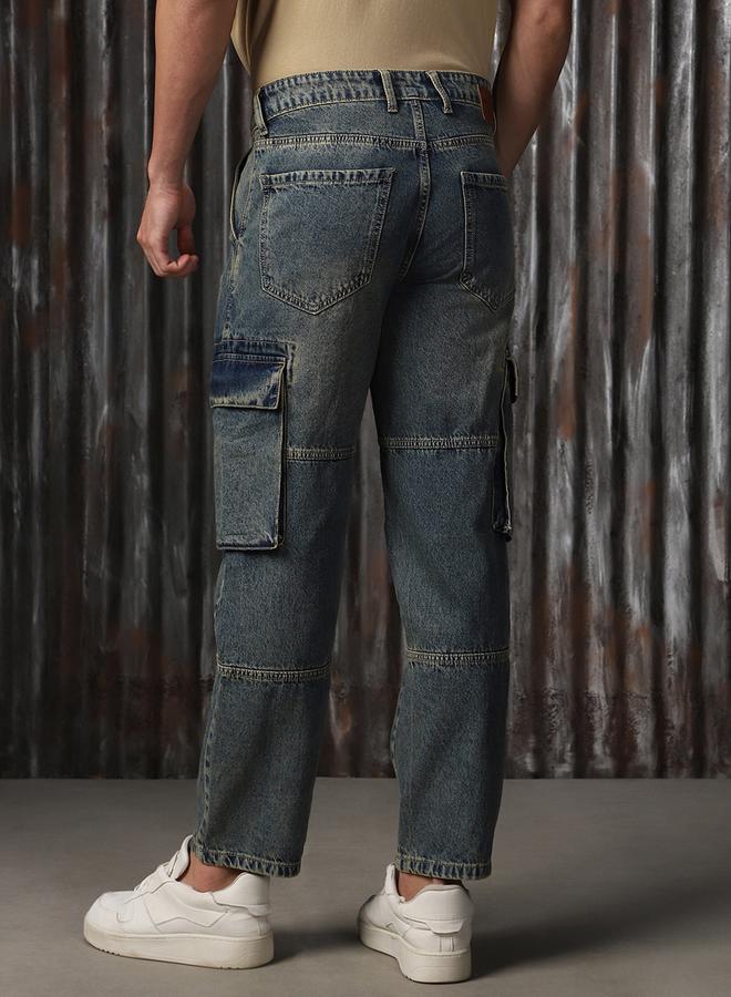 HIGH STAR Men'S Indigo 100% Cotton Washed Regular Length Cargo Straight Fit Jeans - Image 4