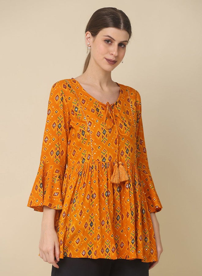 Baizee Routes by All About You Mustard Yellow Floral Print A-Line Top - Image 4