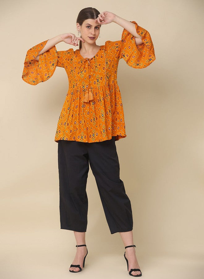 Baizee Routes by All About You Mustard Yellow Floral Print A-Line Top - Image 1
