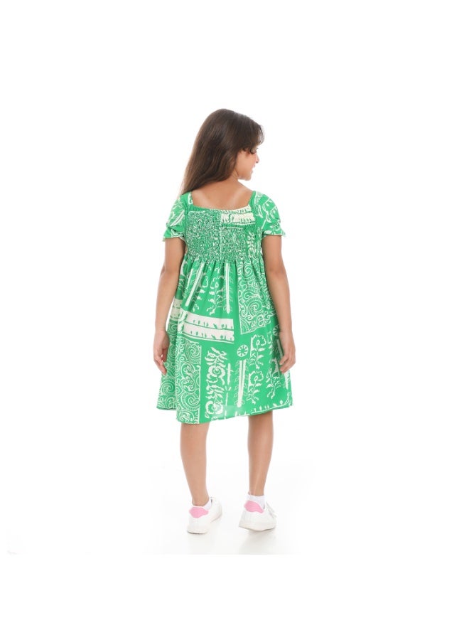Andora Puff Sleeves Slip On Girls Dress _ Green & White - Image 4