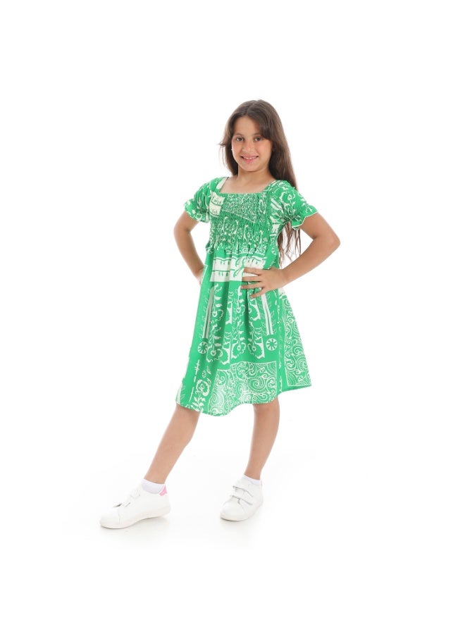 Andora Puff Sleeves Slip On Girls Dress _ Green & White - Image 2