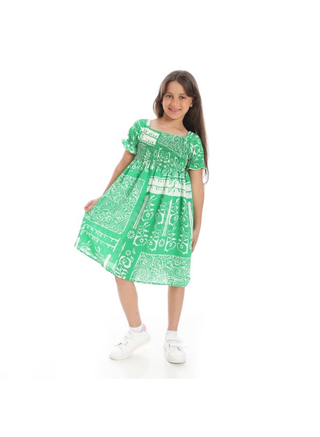 Andora Puff Sleeves Slip On Girls Dress _ Green & White - Image 1