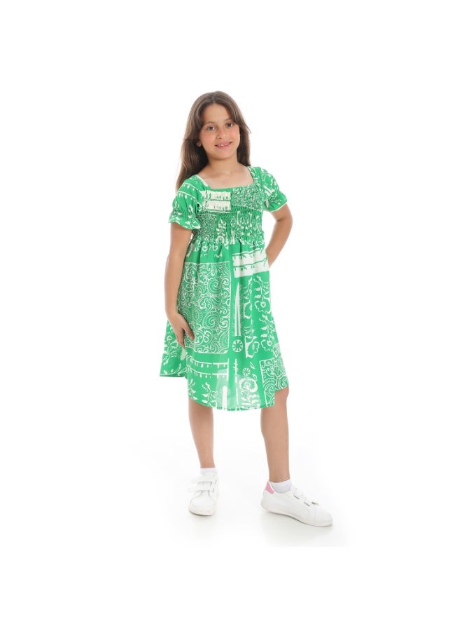 Andora Puff Sleeves Slip On Girls Dress _ Green & White - Image 3