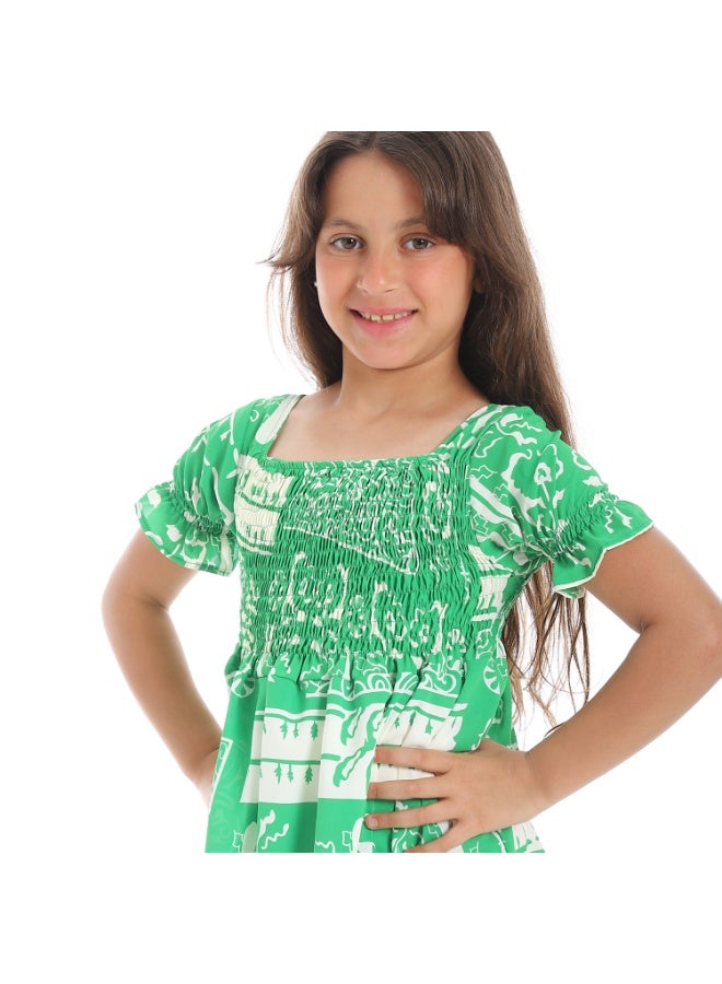 Andora Puff Sleeves Slip On Girls Dress _ Green & White - Image 5
