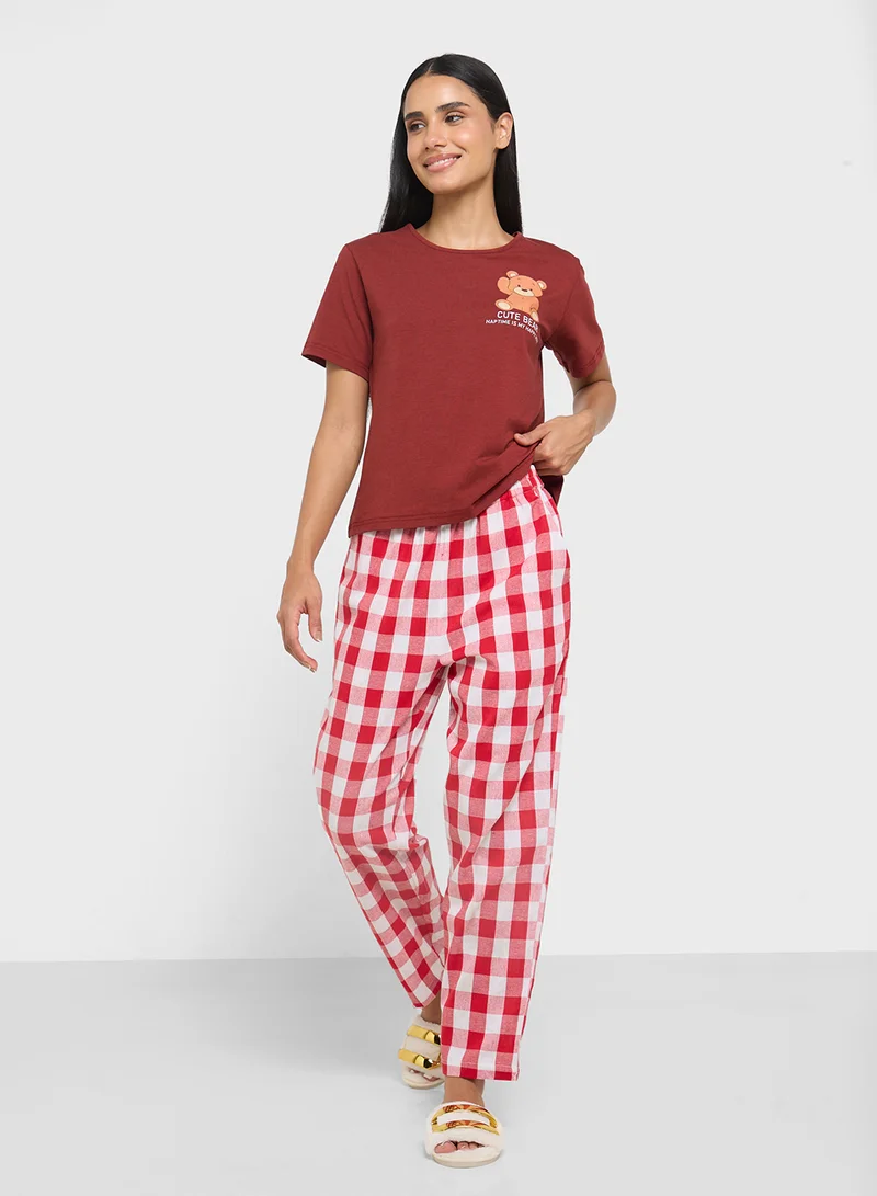 Ginger Cotton T-Shirt & Checkered Pyjama Set
