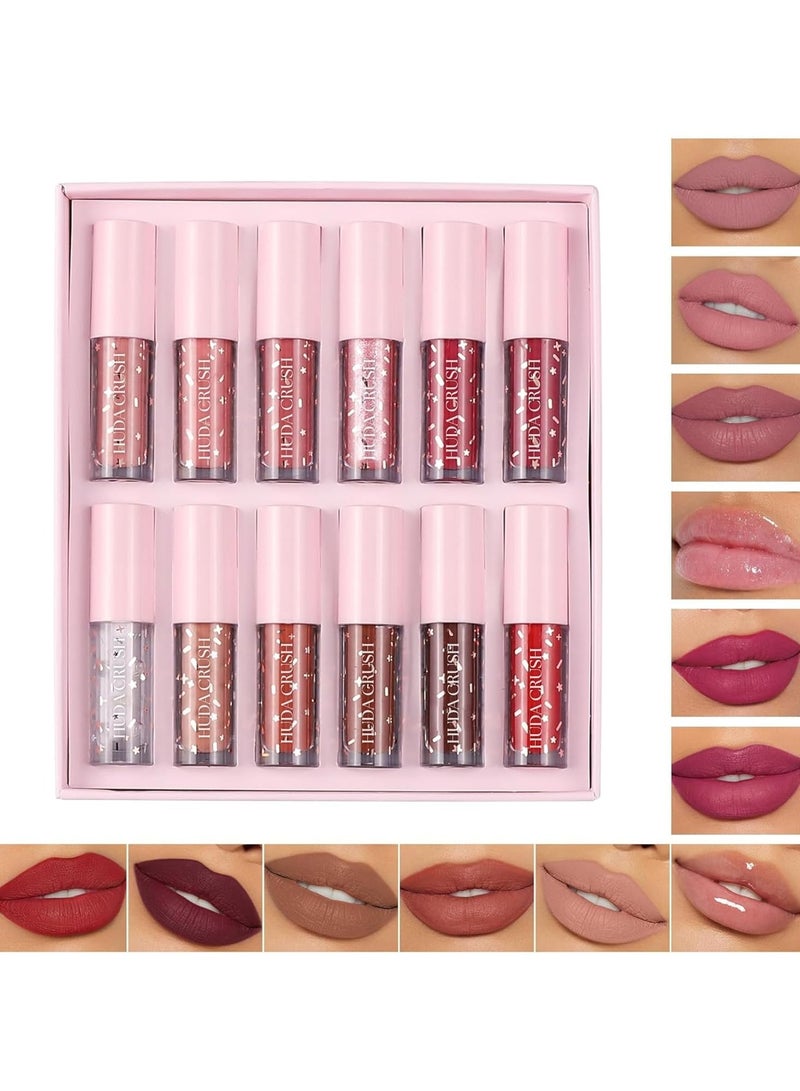 هدى كراش مجموعة أحمر الشفاه السائل من HUDACRUSH، مكونة من 12 أحمر شفاه صغير، سلة هدايا راخي لطيفة للأخت والفتيات مع أحمر شفاه لامع مقاوم للماء ولون يدوم طويلاً - Image 1