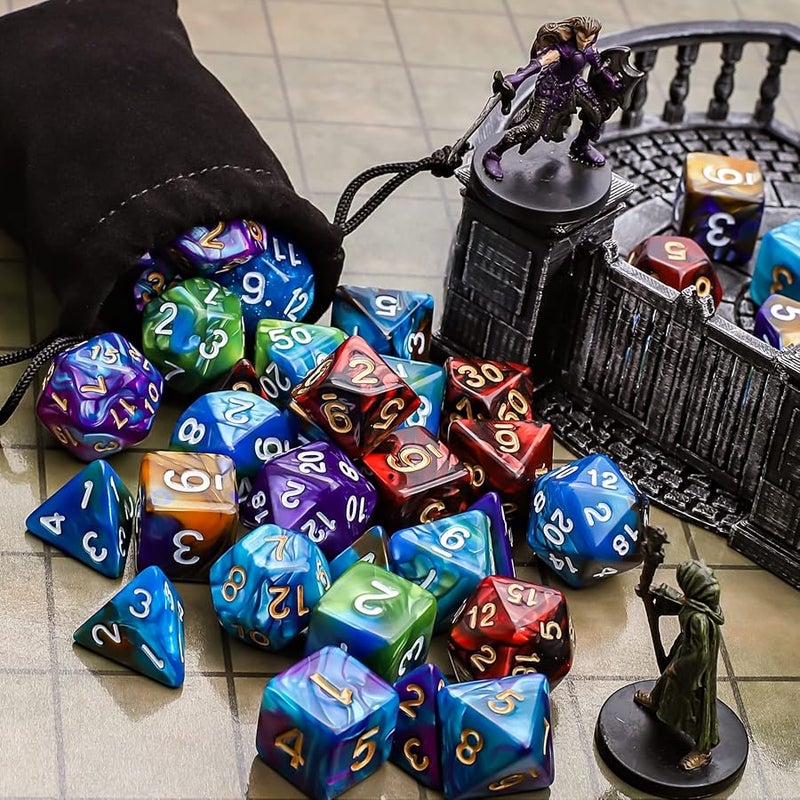 CiaraQ Polyhedral Dice Set (35 Pieces) with Black Pouches, 5 Complete Double-Colors Sets of D4 D6 D8 D10 D% D12 D20 Compatible Dungeons and Dragons DND RPG MTG Table Games | Acrylic dual-color design, Complete 5 sets (D4-D20) for D&D RPG, Lightweight, durable, waterproof, Ages 14+ - Image 5
