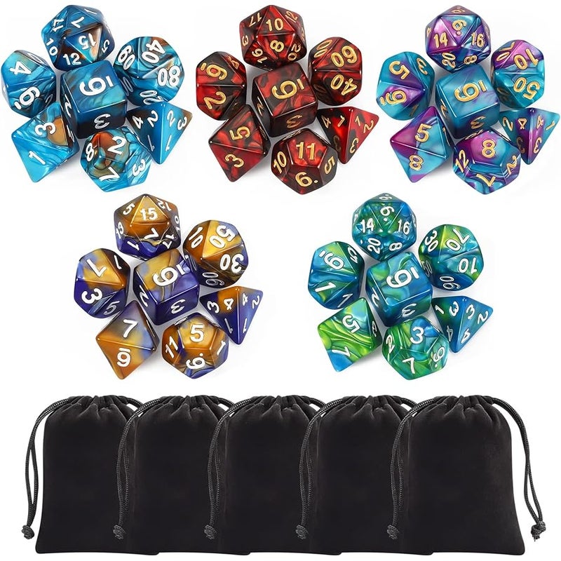 CiaraQ Polyhedral Dice Set (35 Pieces) with Black Pouches, 5 Complete Double-Colors Sets of D4 D6 D8 D10 D% D12 D20 Compatible Dungeons and Dragons DND RPG MTG Table Games | Acrylic dual-color design, Complete 5 sets (D4-D20) for D&D RPG, Lightweight, durable, waterproof, Ages 14+ - Image 1