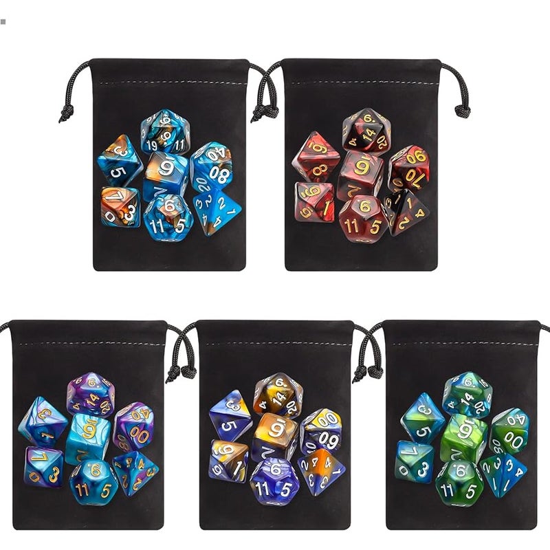 CiaraQ Polyhedral Dice Set (35 Pieces) with Black Pouches, 5 Complete Double-Colors Sets of D4 D6 D8 D10 D% D12 D20 Compatible Dungeons and Dragons DND RPG MTG Table Games | Acrylic dual-color design, Complete 5 sets (D4-D20) for D&D RPG, Lightweight, durable, waterproof, Ages 14+ - Image 2