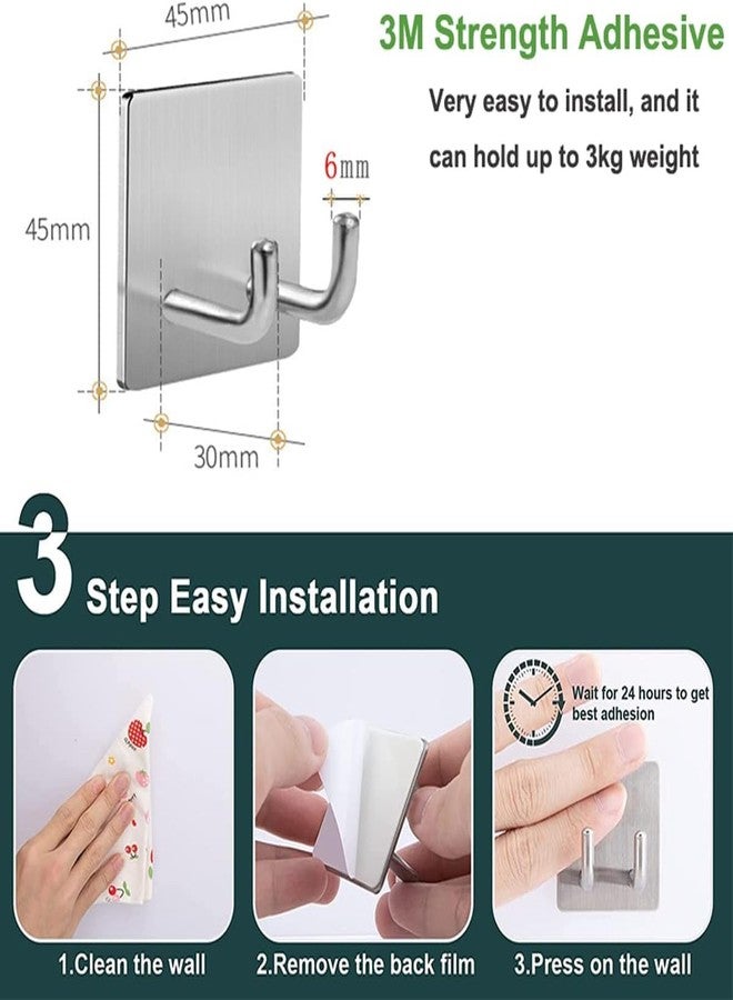 JIALTO 2 Pcs Self-Adhesive Stainless Steel Hooks: Heavy-Duty, Waterproof Wall Hangers for Bathroom and Kitchen - Strong Hold for Coats, Towels, and More, No Drilling Needed (Double J Hook Silver) - Image 2
