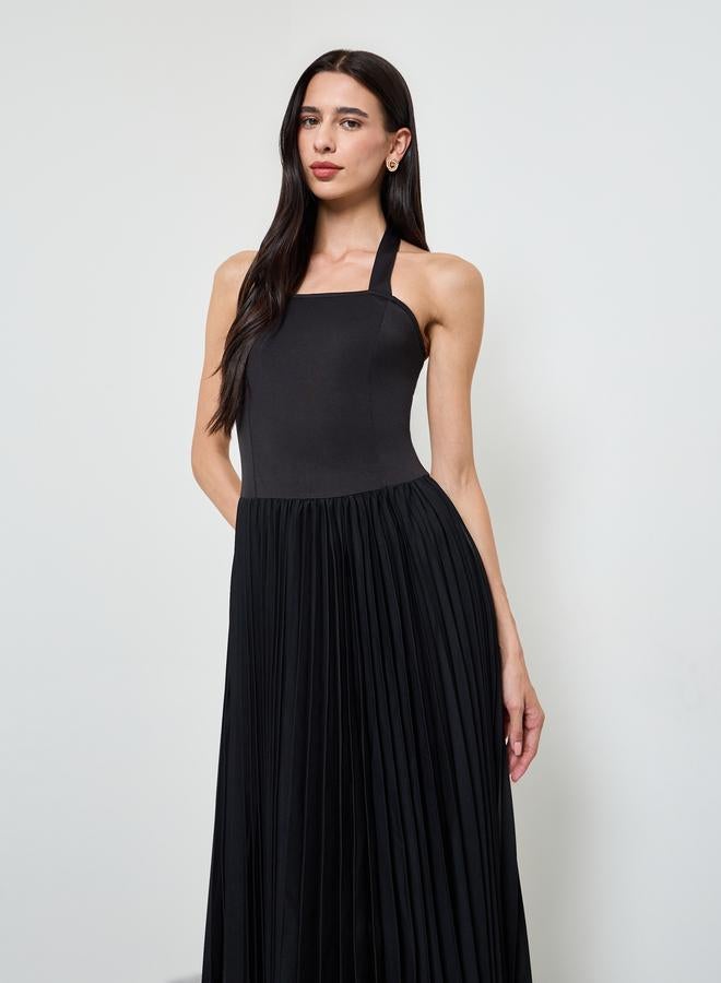 Styli Black Pleated Halter Neck A-Line Maxi Dress - Image 2