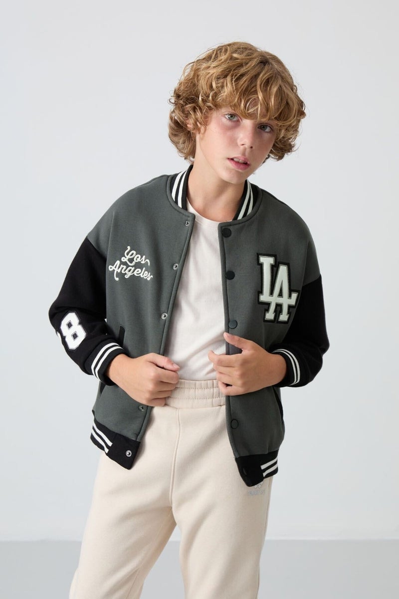 Tommy Life Khaki Cotton Thick Fluffy Soft Texture Standard Fit Embroidered Boy's College Jacket - 11258 - Image 1