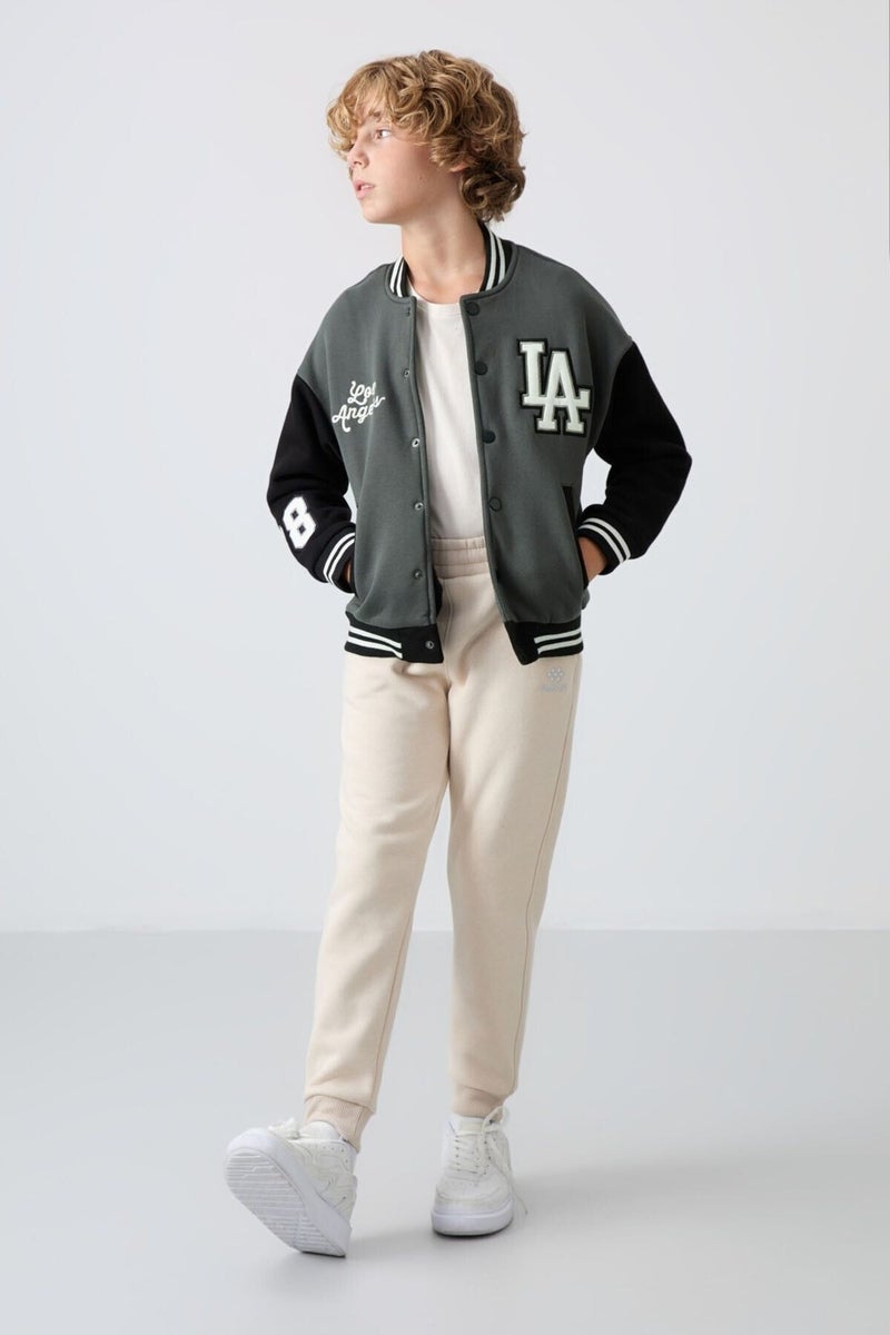 Tommy Life Khaki Cotton Thick Fluffy Soft Texture Standard Fit Embroidered Boy's College Jacket - 11258 - Image 3