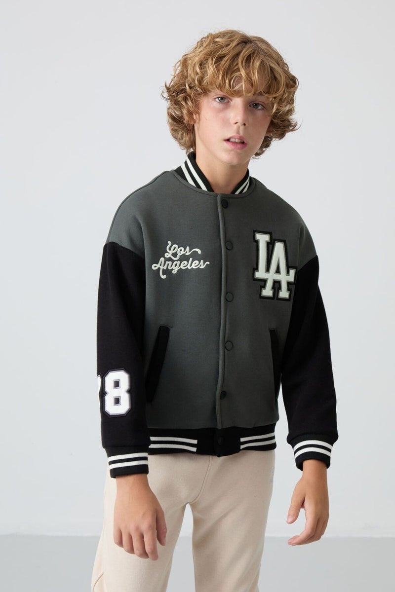 Tommy Life Khaki Cotton Thick Fluffy Soft Texture Standard Fit Embroidered Boy's College Jacket - 11258 - Image 4