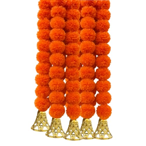 DRYPHON Marigold Garlands Decoration with Bell, Artificial Flowers for Decorations Hanging Garlands for Home Decorations, Ganpati Decoration/Diwali Decoration for Home Decor- (Orange, Pack of 5) - Image 1