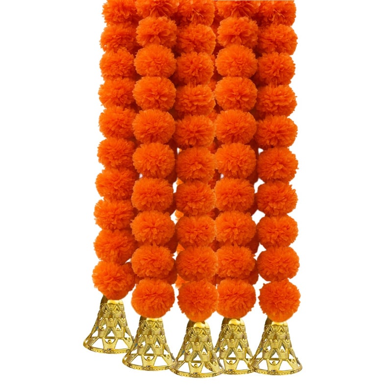 DRYPHON Marigold Garlands Decoration with Bell, Artificial Flowers for Decorations Hanging Garlands for Home Decorations, Ganpati Decoration/Diwali Decoration for Home Decor- (Orange, Pack of 5) - Image 5