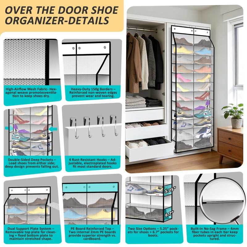Kotkn 24-Pair Over Door Shoe Organizer for Family & Kids, Double Sided | Hanging Storage for Sneakers, Boots, Toys & Room Organization-Pearl White - Image 3