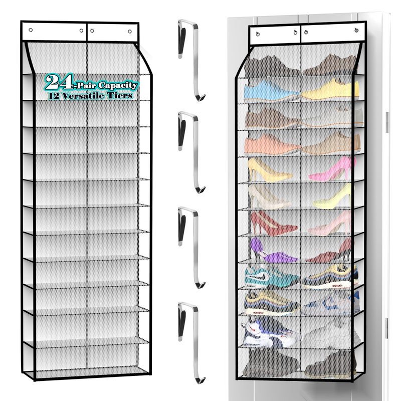Kotkn 24-Pair Over Door Shoe Organizer for Family & Kids, Double Sided | Hanging Storage for Sneakers, Boots, Toys & Room Organization-Pearl White - Image 1