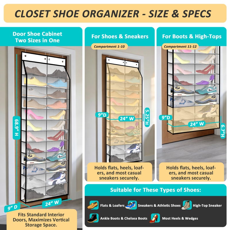 Kotkn 24-Pair Over Door Shoe Organizer for Family & Kids, Double Sided | Hanging Storage for Sneakers, Boots, Toys & Room Organization-Pearl White - Image 2