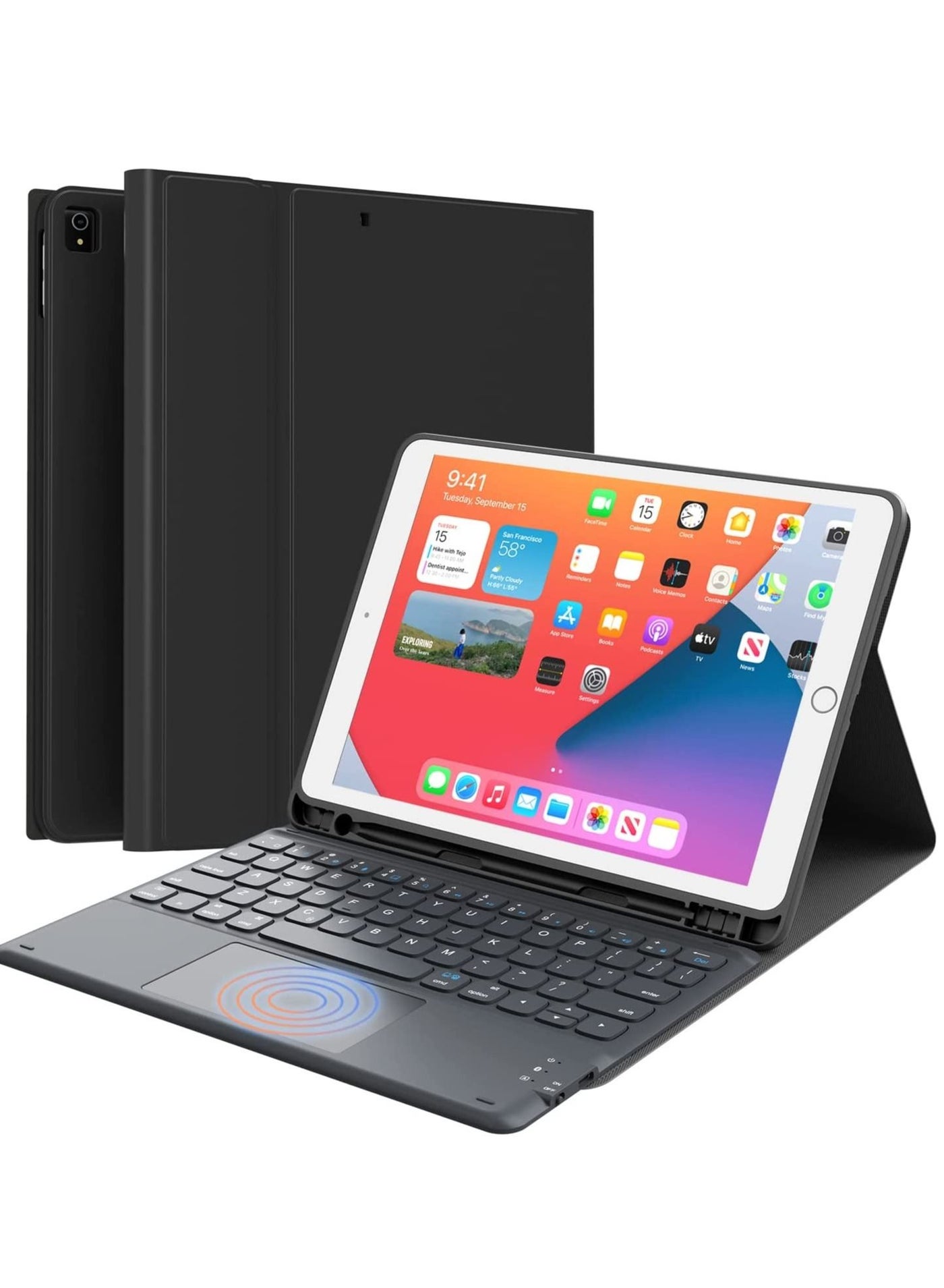 iPad Keyboard 9th Generation, Keyboard for iPad 8th Generation/7th Gen 10.2 Inch, Smart Trackpad, Detachable Wireless with Pencil Holder, Flip Stand Keyboard Case for iPad 9th/8th/7th Gen 10.2”, Black
