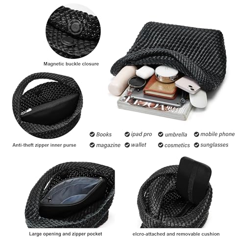 Sumrains Woven Bags for Women Tote Purse: Vegan Leather Shoulder Handbags - Medium Beach Tote Bags - Handwoven Satchel Underarm Purse for Holidays (Black Color) - Image 3