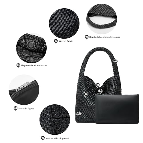Sumrains Woven Bags for Women Tote Purse: Vegan Leather Shoulder Handbags - Medium Beach Tote Bags - Handwoven Satchel Underarm Purse for Holidays (Black Color) - Image 4