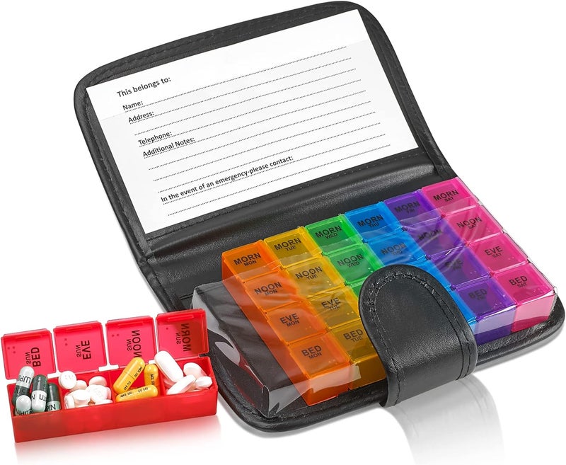 MEDca Weekly Travel Pill Organizer - Prescription and Medication Wallet Pill Box Reminder, a Extra Large Pill Container Dispenser Case, Caddy Organizer, for 4 Times A Day, 7 Days a Week, 7.5 x 4.5 Inches