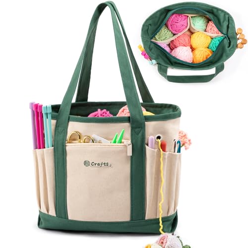 MYBAGZING Canvas Yarn Storage Organizer Bag Washable Crochet Bag with Pockets for Yarn Hooks Needles Travel Knitting Tote for Crafters Gift for Crocheters Knitters MediumLarge - Image 1