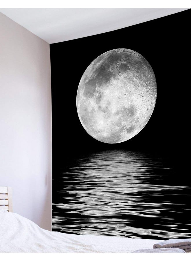 LB Full Moon Over Ocean Tapestry Wall Hanging Black And White Large Moon 3D Fantasy Starry Night Sky Wall Tapestry Wall Art For Bedroom Living Room Dorm Home Decor 60 X 80 Inches  - Image 1