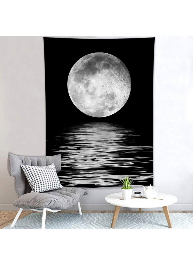 LB Full Moon Over Ocean Tapestry Wall Hanging Black And White Large Moon 3D Fantasy Starry Night Sky Wall Tapestry Wall Art For Bedroom Living Room Dorm Home Decor 60 X 80 Inches  - Image 3