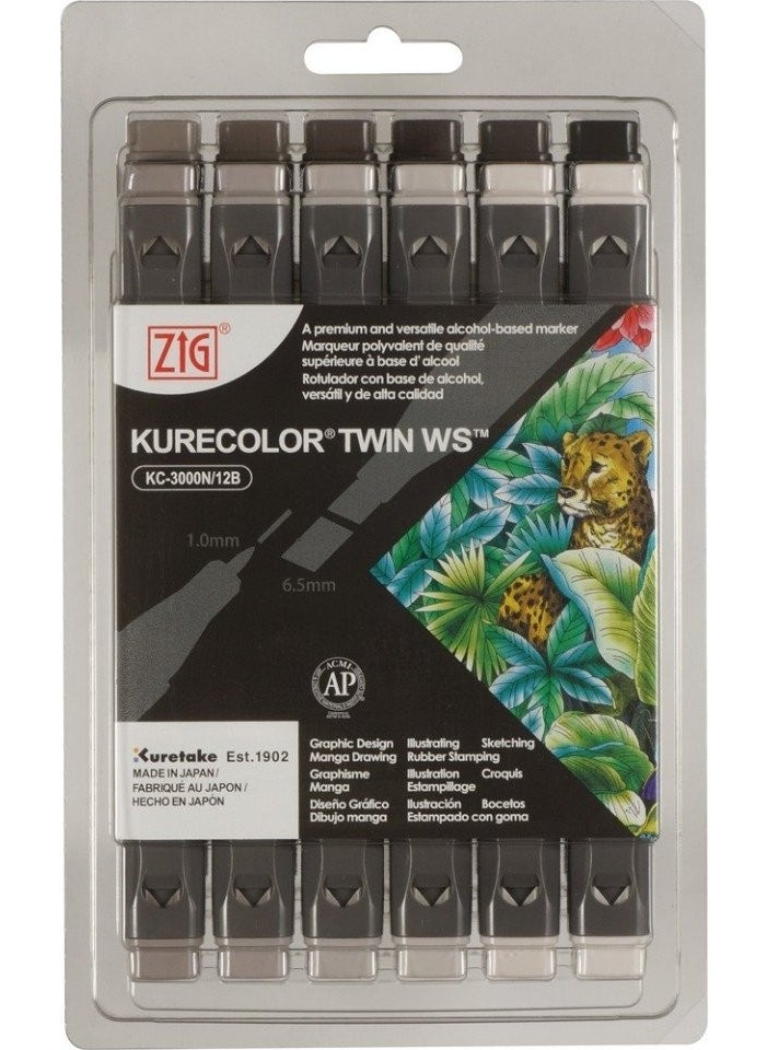 Zig Kurecolor KC3000/12B9 Twin Ws Marker Pen 12LI Warm Gray Colors  - Image 1