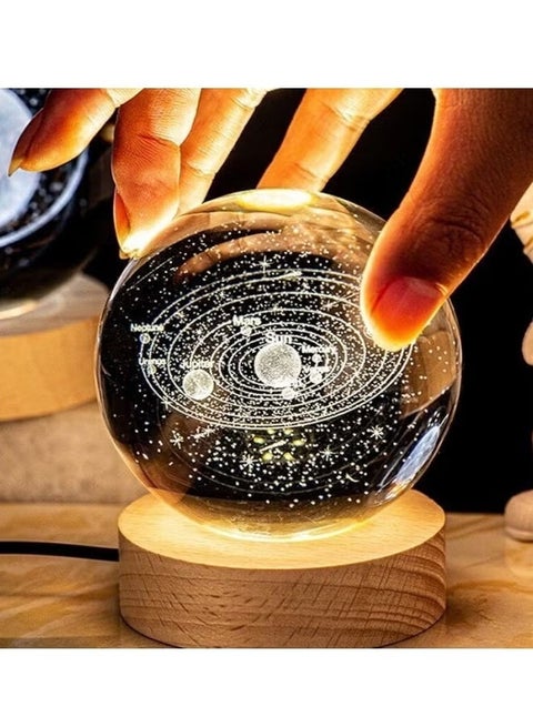 3D Crystal Ball Night Light Galaxy Crystal Lamp LED Light with Wooden Base Glass Ball, Home Decoration Ornament, Birthday Gift for Girlfriend, Kids Crystal Ball Lamp, Warm Nightlight - Solar System