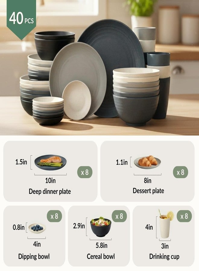 Homienly 40 PCS Wheat Straw Dinnerwave Sets for 8 Unbreakable Plates and Bowls Sets with Cups & Saucers, Microwave Dishwasher Safe Dishes Sets for Kitchen, Camping, RV, Party, Stackable (Gery Stone) - Image 2
