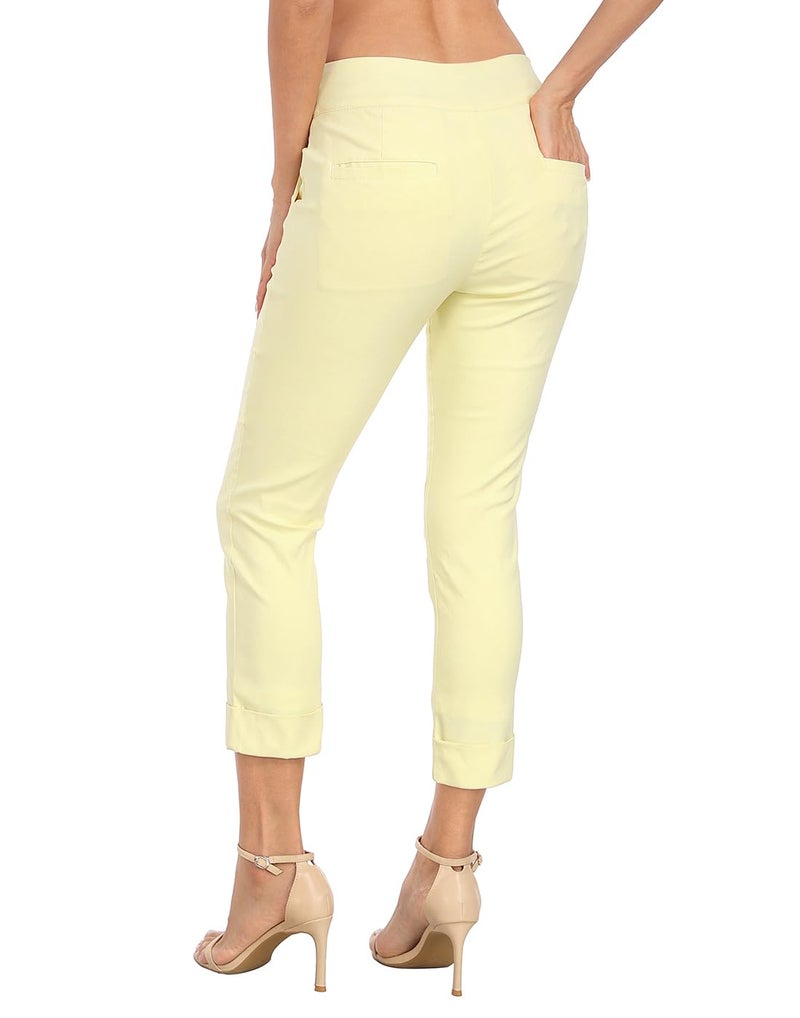 HDE Pull On Capri Pants for Women with Pockets Elastic Waist Cropped Work Pants Pale Yellow - L - Image 3