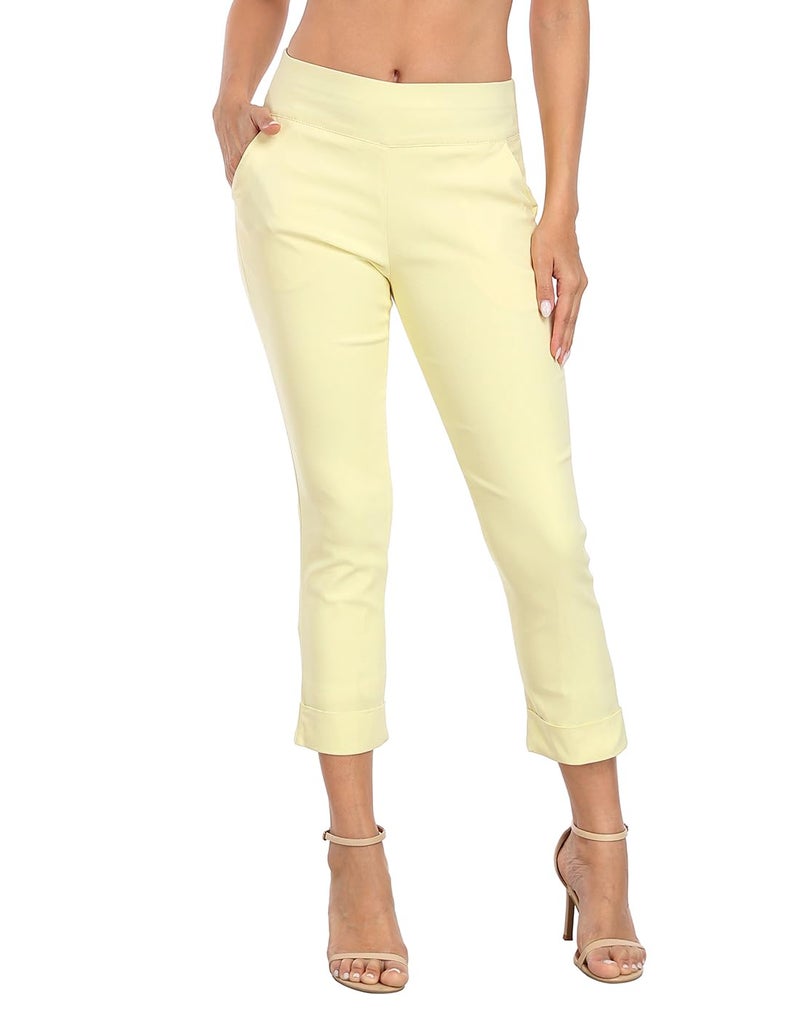 HDE Pull On Capri Pants for Women with Pockets Elastic Waist Cropped Work Pants Pale Yellow - L - Image 1