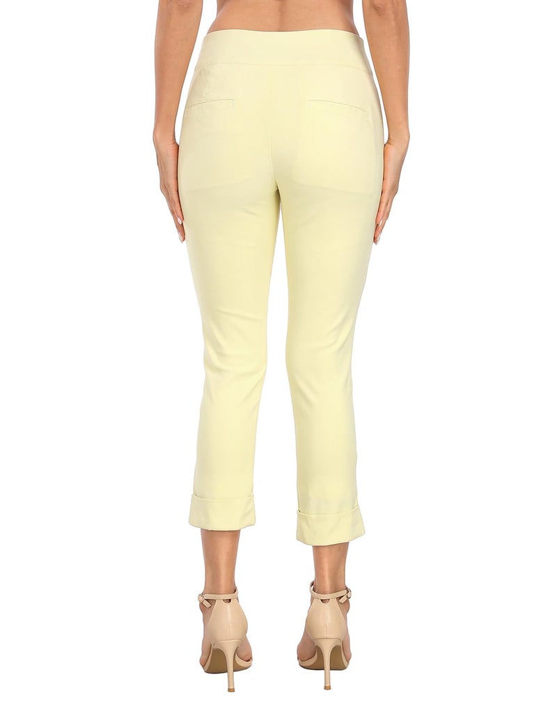 HDE Pull On Capri Pants for Women with Pockets Elastic Waist Cropped Work Pants Pale Yellow - L - Image 5