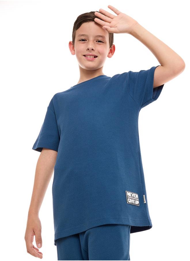 victor and jane - Textured Knit Patch Detail Longline T-Shirt & Shorts Set by Styli - Image 1