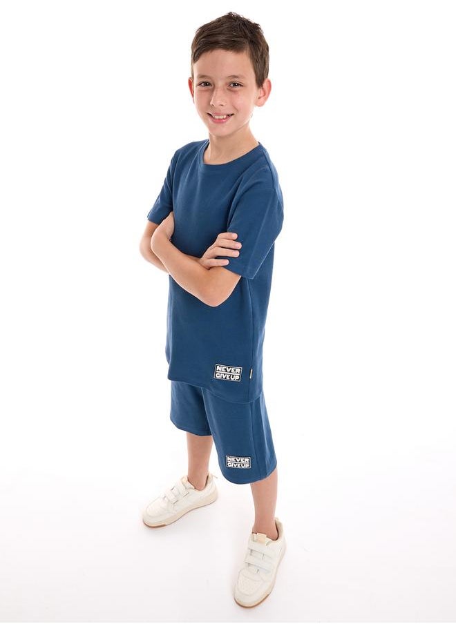 victor and jane - Textured Knit Patch Detail Longline T-Shirt & Shorts Set by Styli - Image 1